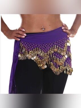Zumba Belly Dance Purple Chiffon Hip Scarf with Gold Coins